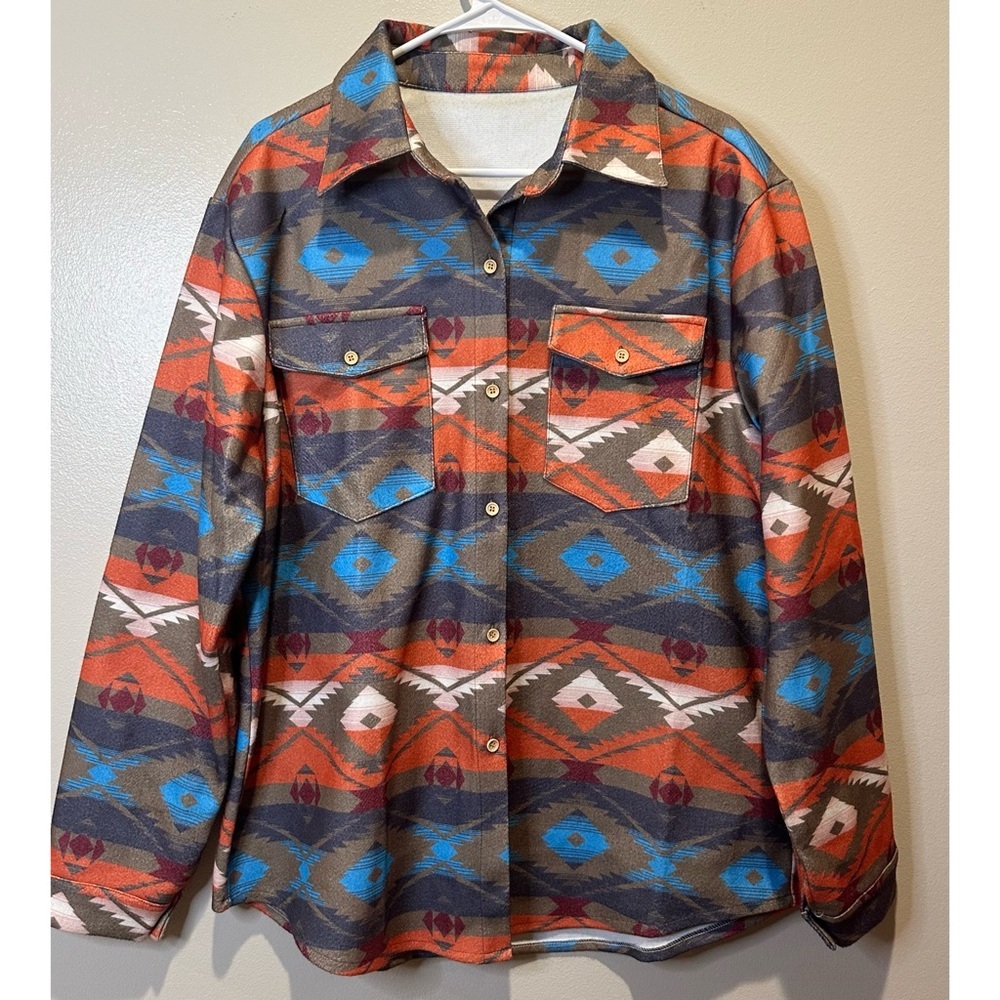 Women's Western Geometric Print Long Sleeve Button Down Shirt Jacket - Picture 1 of 4